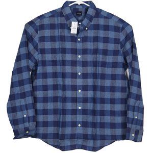 J Crew Linen Blend Button Down Shirt Blue Plaid XL